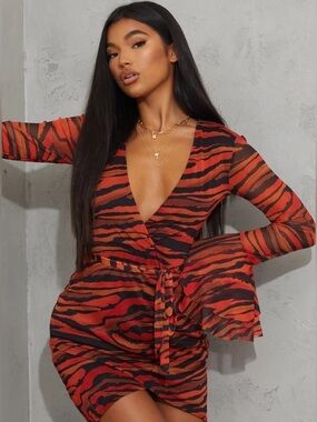 PrettyLittleThing Red and Black Tiger Wrap Mini Dress